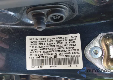 2016 Honda Civic Ex-T from USA, damaged, VIN 19XFC1F33GE021659